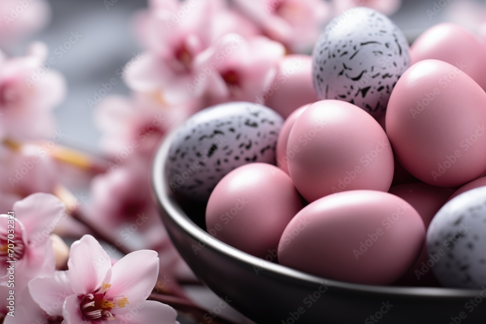 Plate with painted pink Easter eggs on light background Plate with painted pink Easter eggs on light background