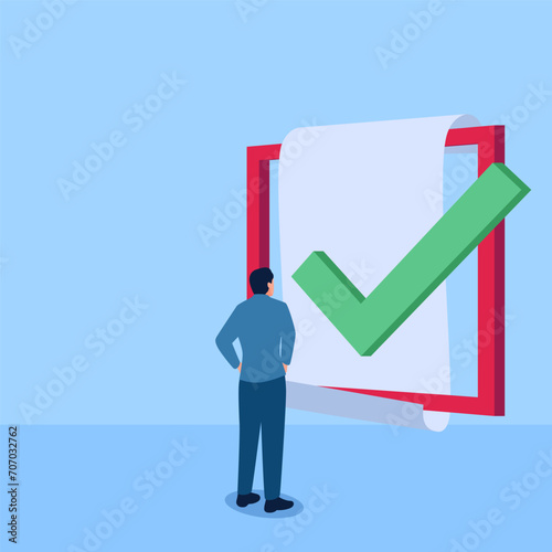 person standing looking at paper with big check mark, a metaphor for terms and conditions. Simple flat conceptual illustration.