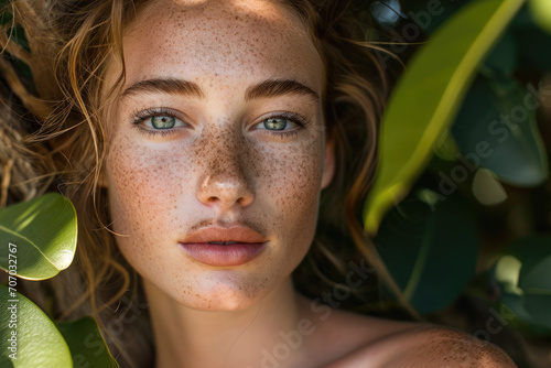 close up of young caucasian woman in nature with freckles and pale skin blue eyes in magazine editorial look with leafs herbal greenery looking at camera for natural beauty skincare spa commercial  photo