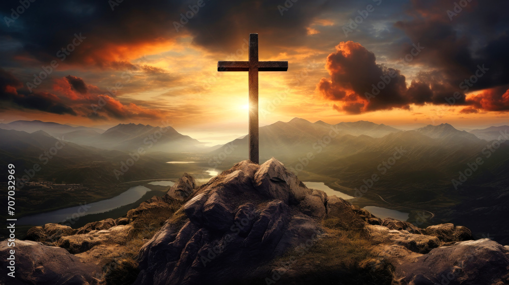 Silhouette of a cross against a background of thunderclouds and light. Calvary. Easter concept. Resurrection of Jesus.