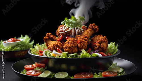 A pile of Fried Chicken sitting on Salad topping by Cheese and tomato sauce