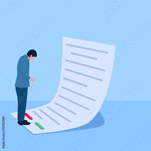 people standing on paper with a yes or no choice, a metaphor for terms and conditions. Simple flat conceptual illustration.