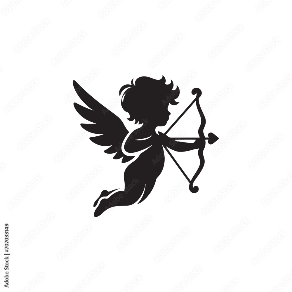 Fototapeta premium Romantic Embrace with Cupid Silhouette: Enchanting Valentine's Stock Image - Cupid Vector - Love Vector