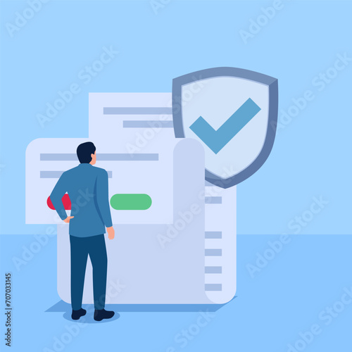 person standing in front of paper with a yes or no choice, a metaphor for terms and conditions. Simple flat conceptual illustration.
