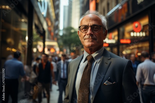 Senior businessman, confidence in his stride, walking through a bustling financial district on his way to an important meeting, Generative AI photo
