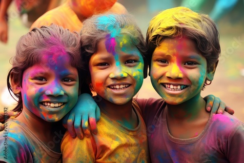 Portrait of a group of indian kids covered with colored powder. Holi Celebration. Holi Concept. Indian Concept.