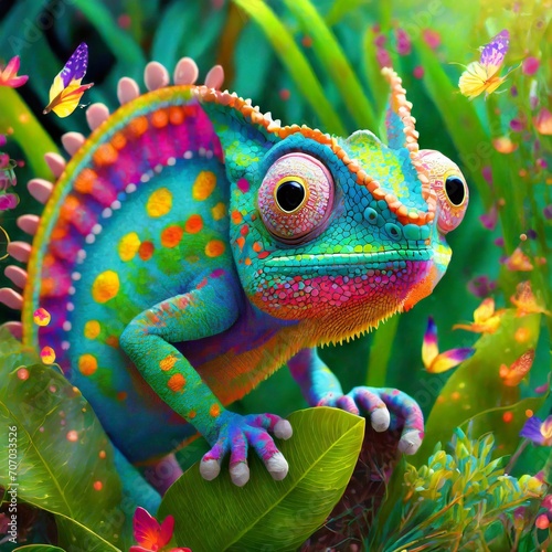 cute 3d chameleon with big eyes in a forest with vibrant colors