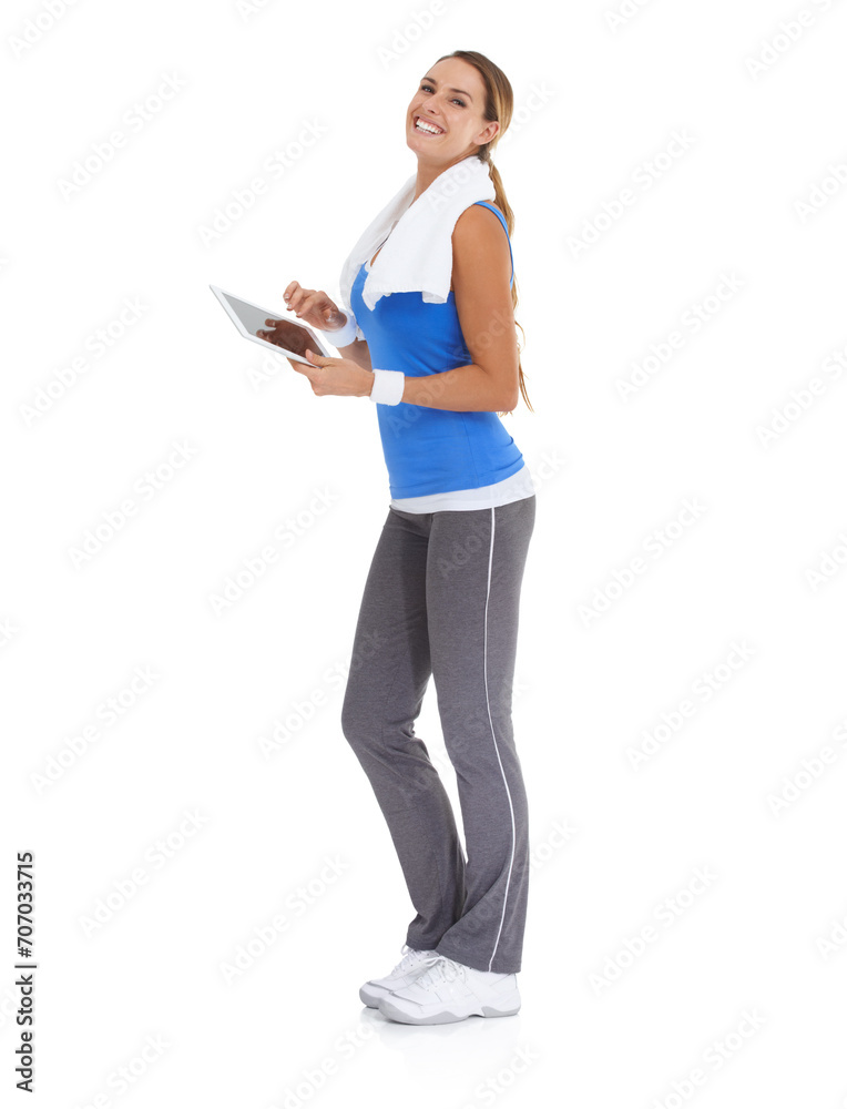 Woman, fitness and tablet in studio portrait for health data or results of workout, exercise and training progress. Sports model with digital technology for wellness website on a white background Woman, fitness and tablet in studio portrait for health data or results of workout, exercise and training progress. Sports model with digital technology for wellness website on a white background