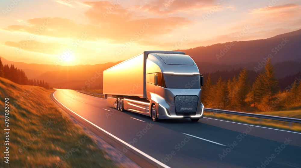 Futuristic electric semi-trailer carrying commercial goods in a van semi-trailer, driving for delivery on a winding road at sunset.