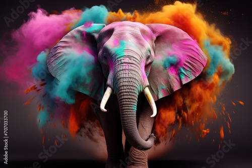 Elephant in colorful paint splashes on black background with copy space. Holi Celebration. Holi Concept. Indian Concept.