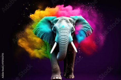 Elephant with colorful splashes on dark background, close-up. Holi Celebration. Holi Concept. Indian Concept. © John Martin