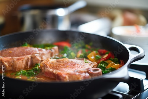 mid-cook osso buco in skillet with juices bubbling photo