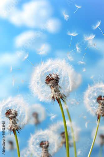 Meadow  blue sky and group of dandelions blowing in the wind