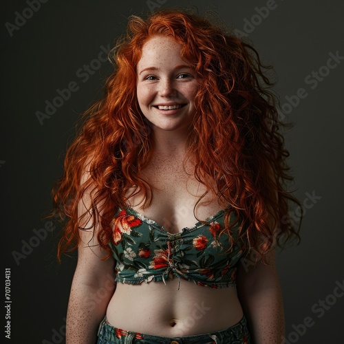 smiling girl with red hair gained a lot of fat in her lower belly