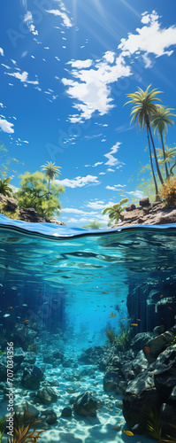 An underwater view of a tropical island with palm trees and fishes in the water. Panorama