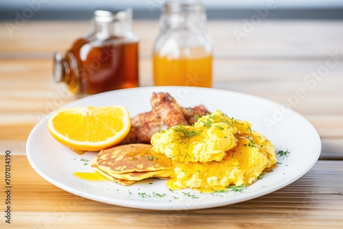 pancakes with syrup next to scrambled eggs