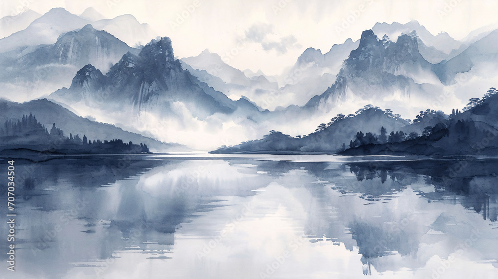 Ink style landscape painting in blue tones, ink style landscape painting concept illustration Ink style landscape painting in blue tones, ink style landscape painting concept illustration