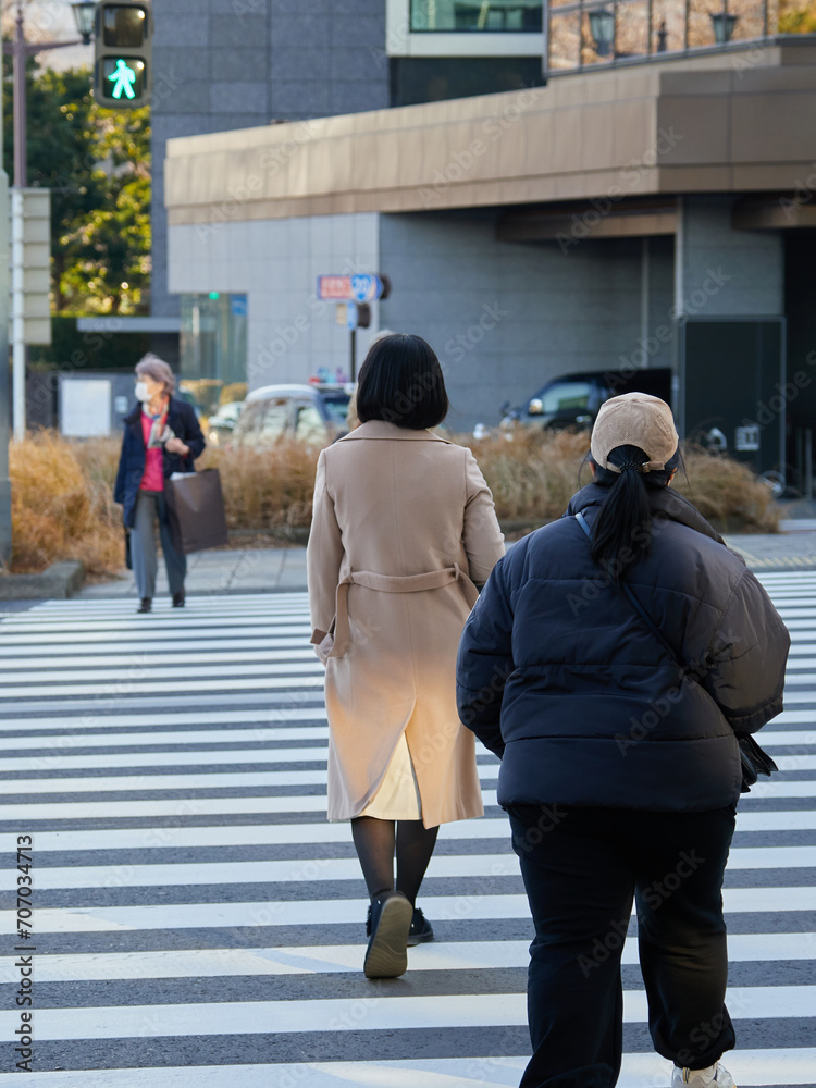 冬の東京都の町の横断歩道を渡る若い女性の後姿
