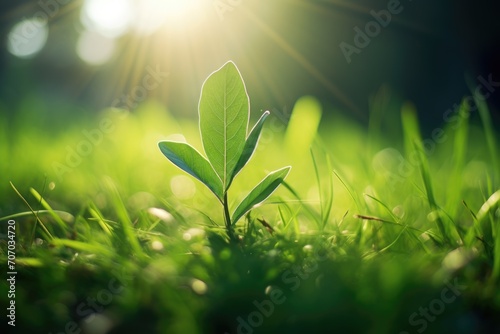 Banner with young plant growing in garden. Seedling are growing in the soil on blurred background of the mourning sunlight. Green world and Earth day concept. Ecology and ecological balance