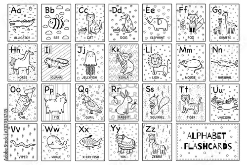 Alphabet black and white flashcards collection with cute animals. ABC flash cards set for coloring in outline. Great for school and preschool. Vector illustration