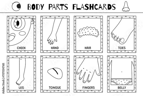 Body parts black and white flashcards collection. Flash cards for coloring in outline. Learn vocabulary for school and preschool. Hand, tongue, leg and more. Vector illustration