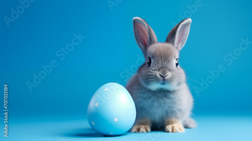 Easter bunny rabbit with blue painted egg on blue background. Easter holiday concept.