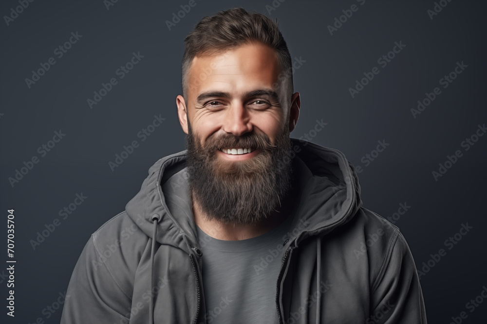 Studio shot of smiling bearded man, handsome brutal man. Space for text and black background. Generative AI Studio shot of smiling bearded man, handsome brutal man. Space for text and black background. Generative AI