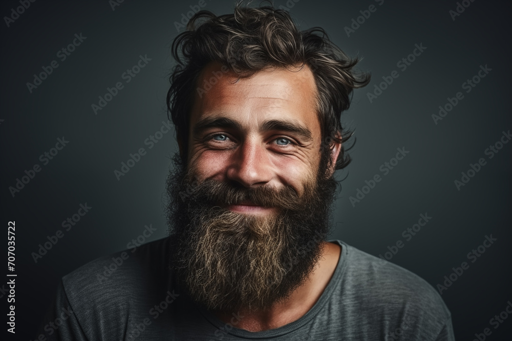 Studio shot of smiling bearded man,. Space for text and black background. Generative AI