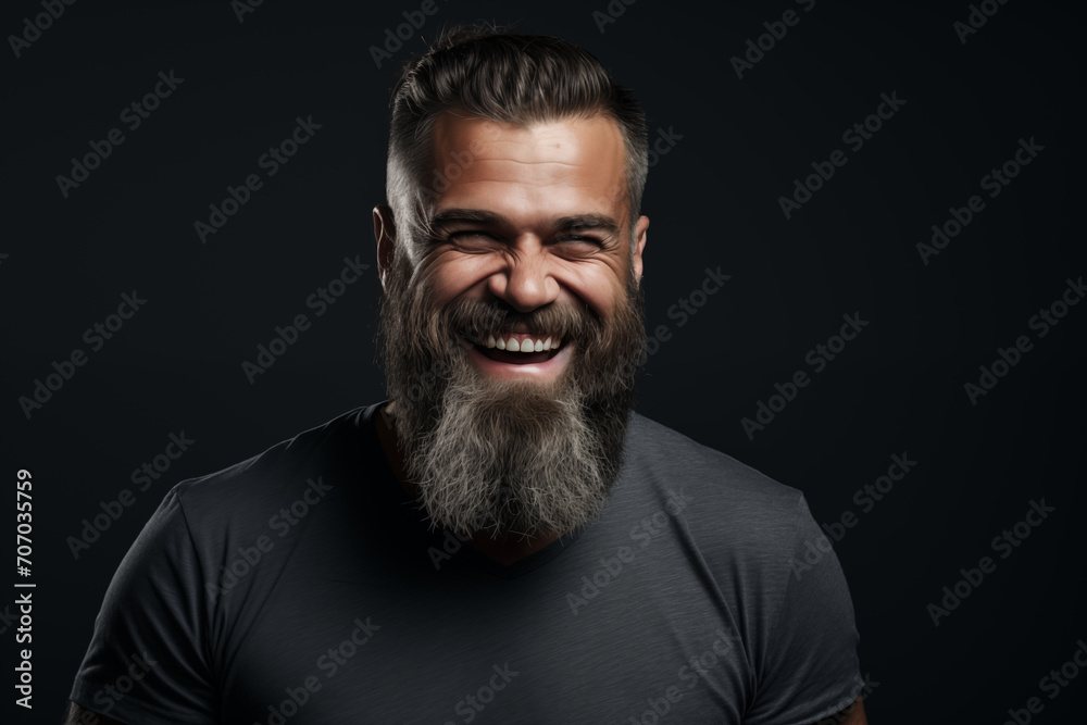 Studio shot of smiling bearded man, handsome brutal man. Space for text and black background. Generative AI
