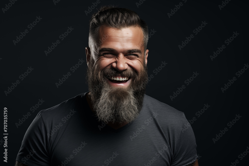 Studio shot of smiling bearded man, handsome brutal man. Space for text and black background. Generative AI Studio shot of smiling bearded man, handsome brutal man. Space for text and black background. Generative AI