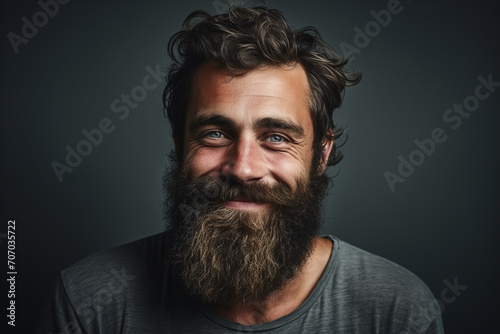 Studio shot of smiling bearded man,. Space for text and black background. Generative AI