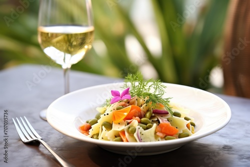 cold pasta salad with capers and lemon zest, served with white wine