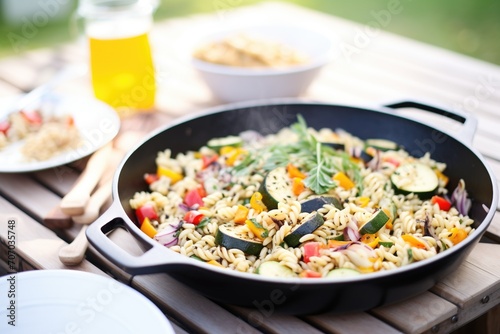 pasta salad with grilled vegetables, zucchini and peppers, in a skillet