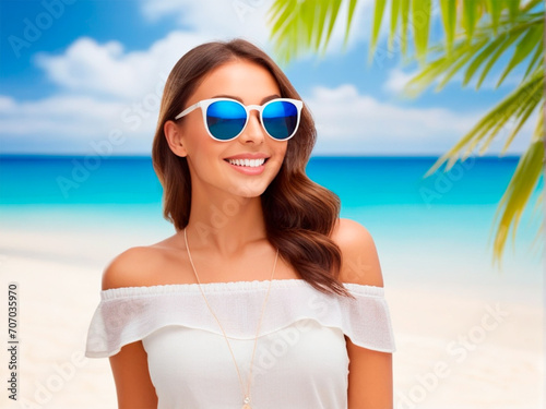 summer holidays, vacation, travel and people concept - smiling young woman in sunglasses over tropical beach background © ismael