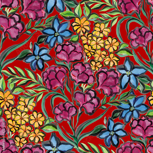 Watercolor seamless pattern with spring floral bouquets. Vintage botanical il...