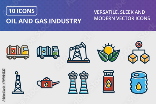 Oil and Gas Industry Thick Line Filled Dark Colors Icons Set