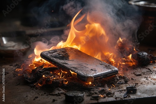Mobile phone on fire. Burning smartphone.