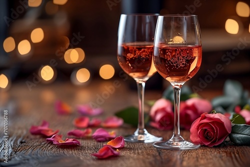 valentine, valentine's day, love, Romantic ambiance captured with two glasses of wine and a rose, setting the scene for a cozy and intimate atmosphere