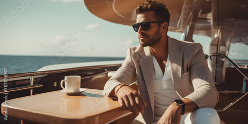 Relaxed businessman working on the yacht on a sunny day.. rest and work. Summer . income. lux. possibilities