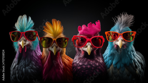 Roosters and chickens colored in sunglasses. 3D rendering of a group of birds in sunglasses isolated on black background. Funny roosters in glasses. © Kamil Miłek