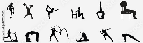 Vector silhouettes collection of active people doing fitness exercises