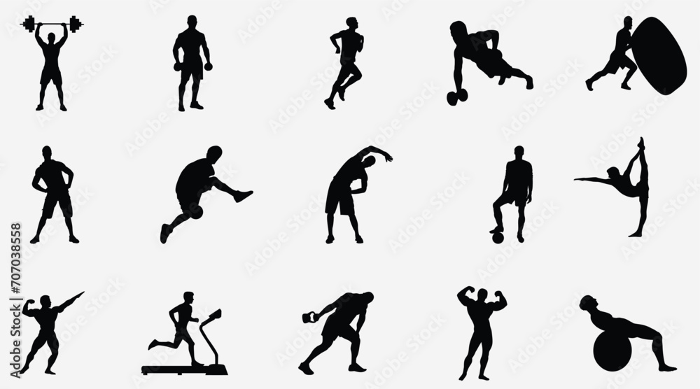 silhouette Collection of different men and women performing various sports activities. Bundle of training, exercising people isolated on transparent background. Vector realistic illustrations 