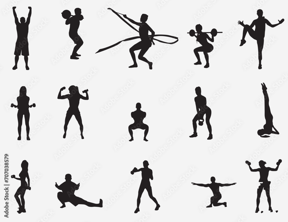 silhouette Collection of different men and women performing various sports activities. Bundle of training, exercising people isolated on transparent background. Vector realistic illustrations 