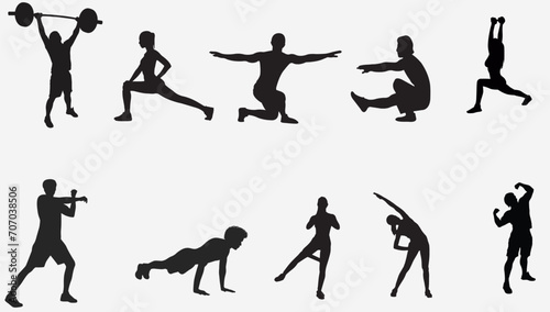 Vector silhouettes collection of active people doing fitness exercises photo