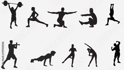 Vector silhouettes collection of active people doing fitness exercises