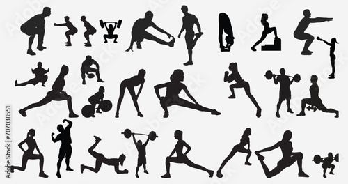 silhouette Collection of different men and women performing various sports activities. Bundle of training, exercising people isolated on transparent background. Vector realistic illustrations 