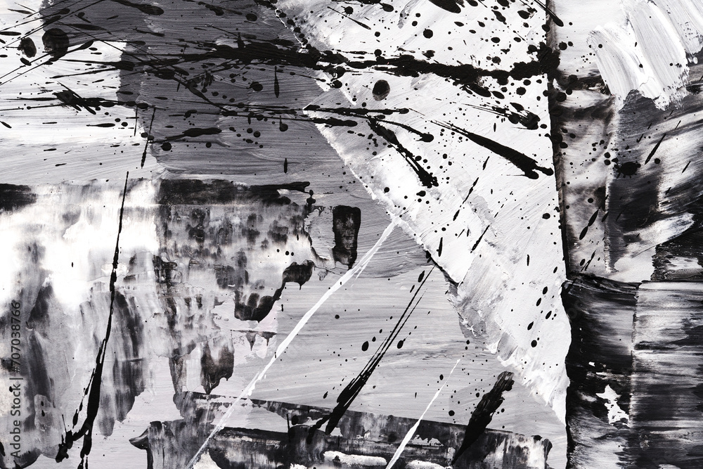 Black and white abstract background, art collage. Chaotic brush strokes and paint stains on paper