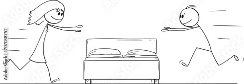 Man and Woman Running to Bed to Make Love or Sex, Vector Cartoon Stick Figure Illustration