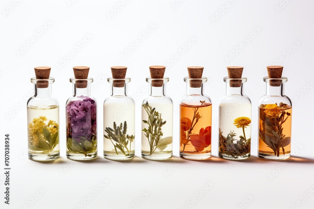 Set of natural essential oils in bottles on white background Set of natural essential oils in bottles on white background
