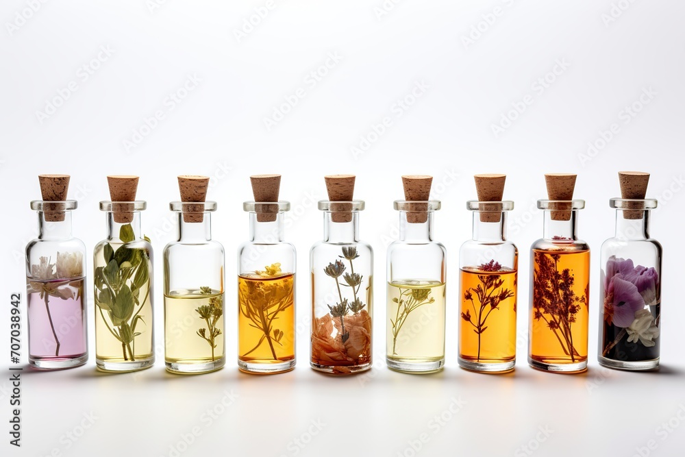 Set of natural essential oils in bottles on white background Set of natural essential oils in bottles on white background
